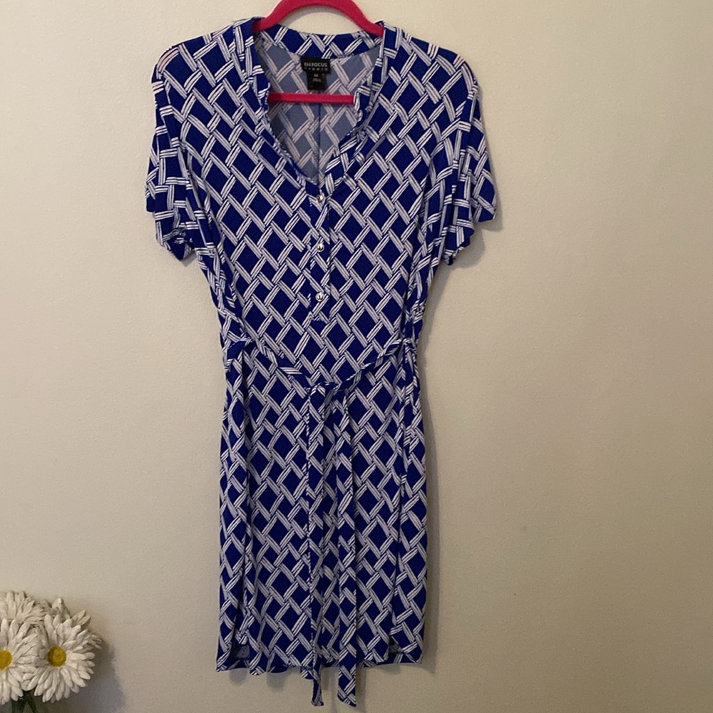 EnFocus Blue + White V-Neck Shortsleeve Dress Silver Buttons and belt [Size 14]